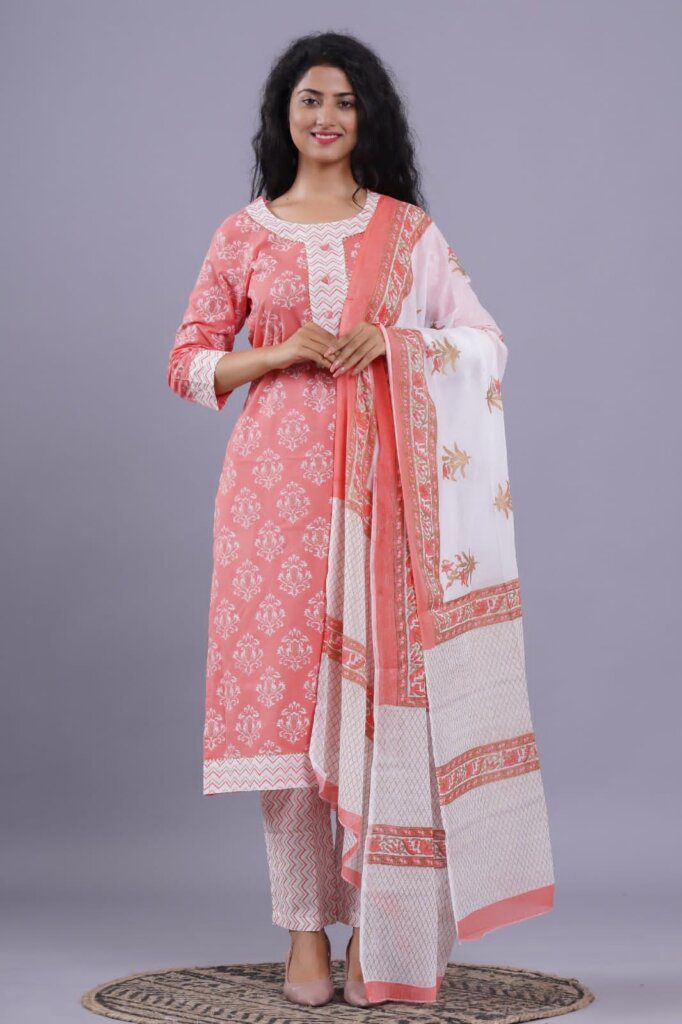 Trendy Hand Block Cotton Suits with ciffion dupatta