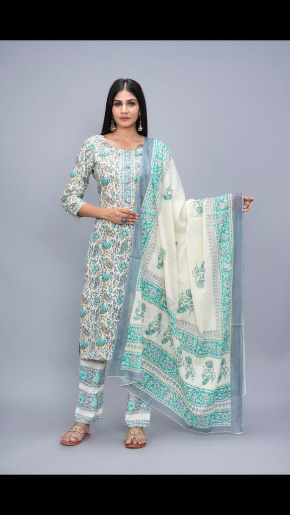 Linen Hand Block Printed Suit With Linen Dupatta