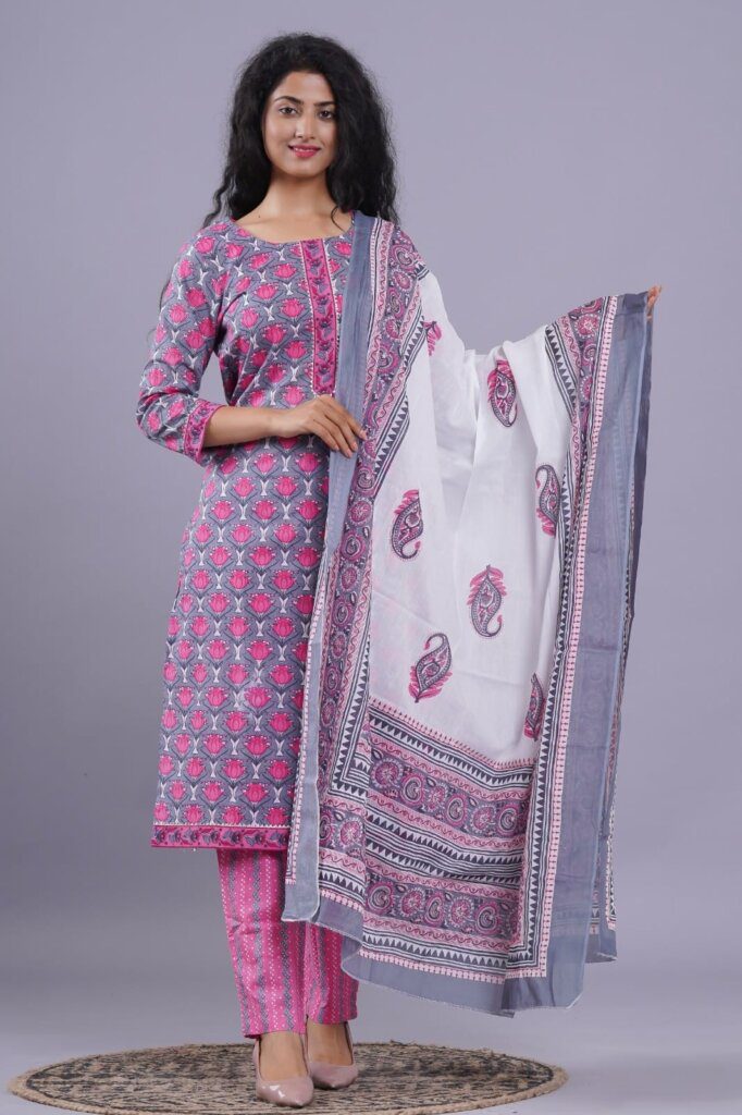 Hand Block Prited Suits With Ciffion Dupatta