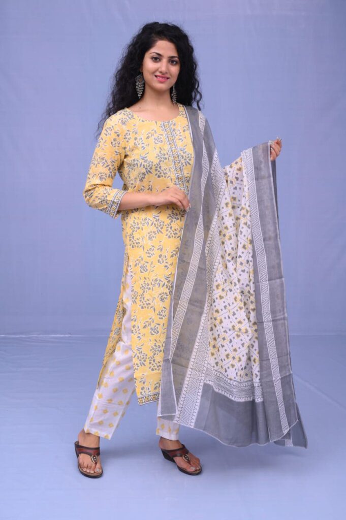 hand block printed organdie dupatta suit