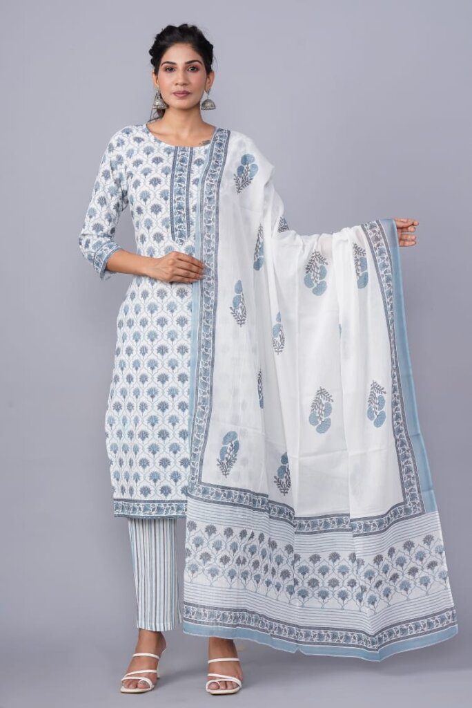 hand block printed cotton suit with ciffion dupatta