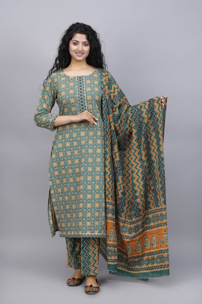 Cotton Hand Block Print Suit With Ciffion Dupatta